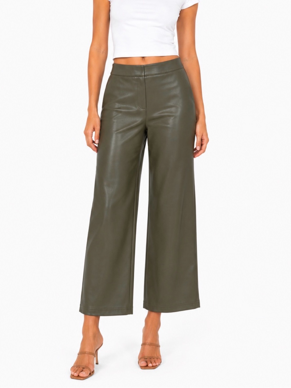 bagatelle Olive Green High-Waist Wide-Leg Faux Leather Pants